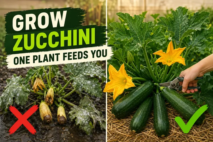 Split-screen showing a struggling zucchini plant with powdery white mildew and dropping blossoms on the left versus a sprawling productive plant heavy with.