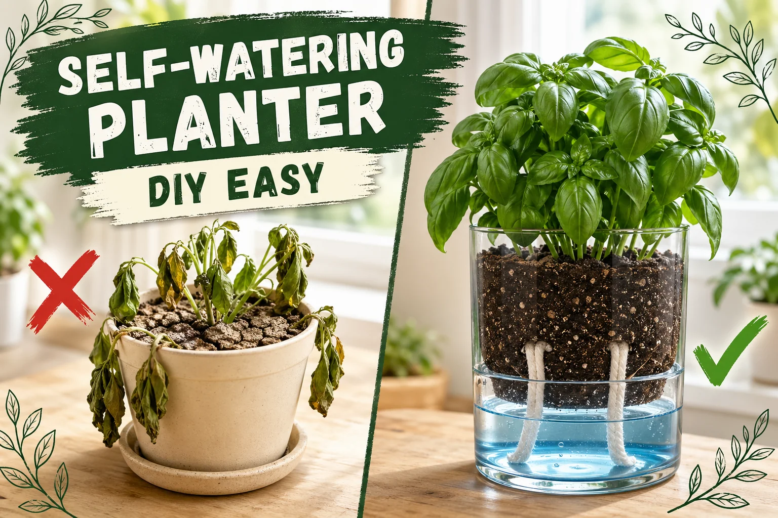 Split-screen: wilting pothos in dry cracked soil versus a thriving self-watering planter with visible water reservoir and lush green leaves.