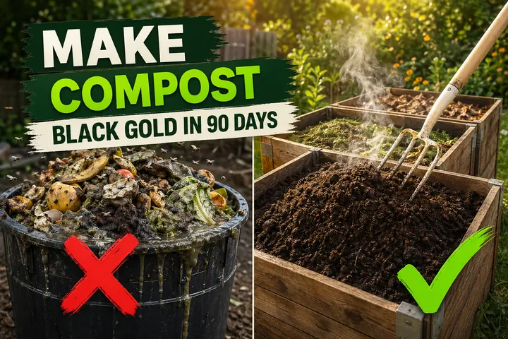 Split-screen comparison showing a slimy fly-infested compost pile on the left versus a tidy 3-bin wooden compost system with crumbly finished black compost on.