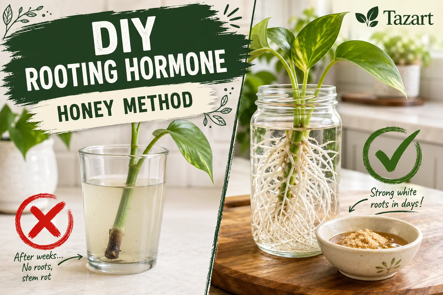 Split-screen of healthy cuttings rooting in willow water on the right versus a failed bare cutting in plain tap water on the left.