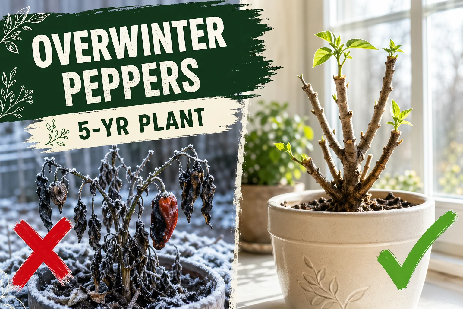 Split-screen: pepper plant dying in frost on the left versus a pruned pepper cutting thriving indoors under a grow light on the right.