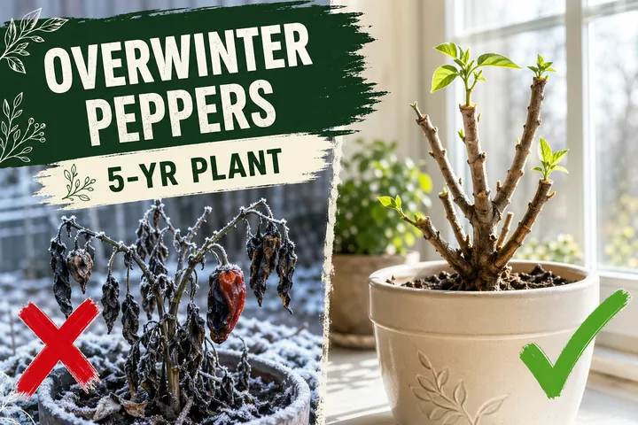 Split-screen: pepper plant dying in frost on the left versus a pruned pepper cutting thriving indoors under a grow light on the right.