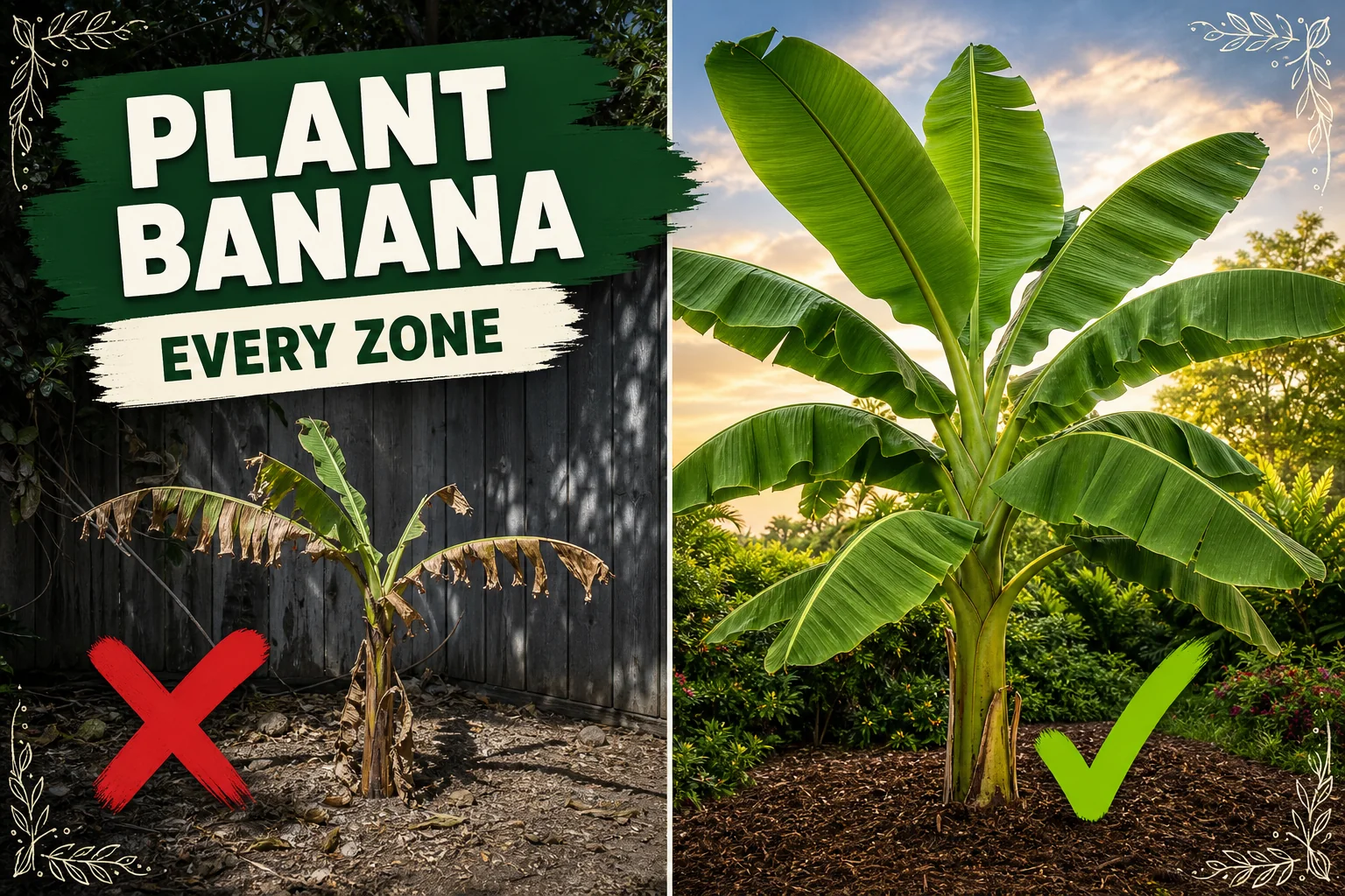 Split-screen showing a banana plant in shade with cold damaged leaves versus a thriving banana tree in full sun with massive glossy green leaves.
