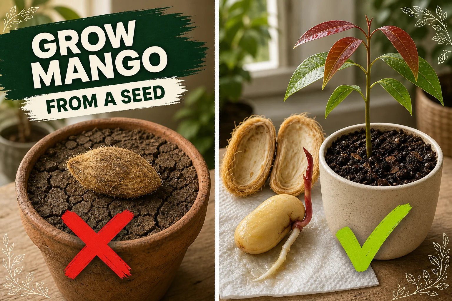 Split-screen showing a whole mango pit with no germination versus an extracted mango kernel sprouting in a damp paper towel next to a young red-leaved seedling.