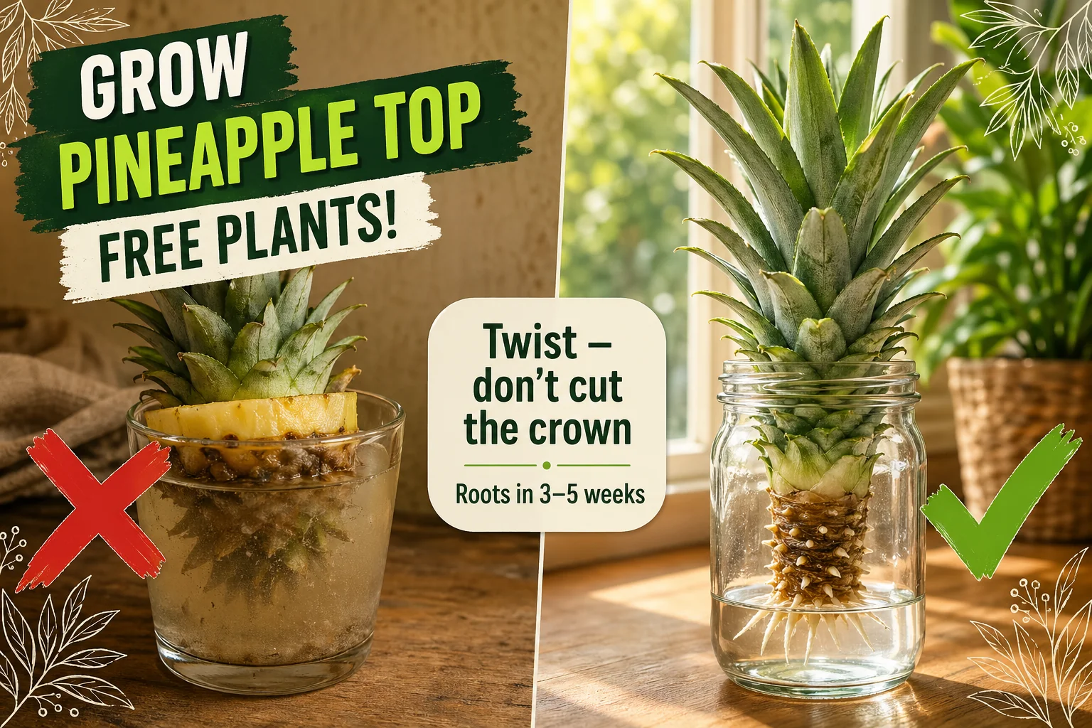 A fresh pineapple crown with stripped lower leaves sitting beside a glass of water showing white aerial roots beginning to form at the base.