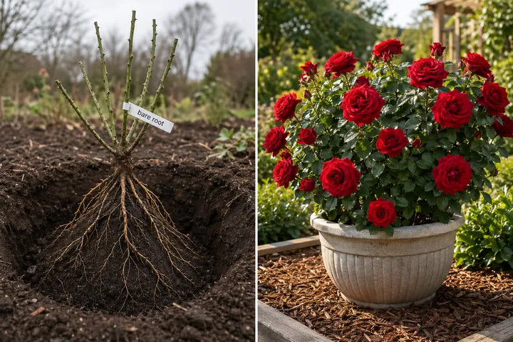 Split-screen: a bare root rose with spread roots on a soil mound in a wide planting hole on the left versus a thriving containerized rose bush covered in deep