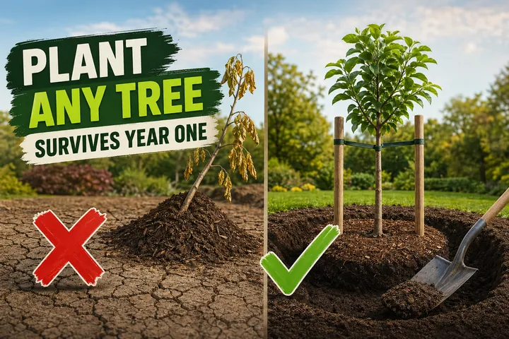 Split-screen comparison showing a leaning sapling buried too deep with a mulch volcano and yellow leaves on the left versus a healthy staked sapling with a
