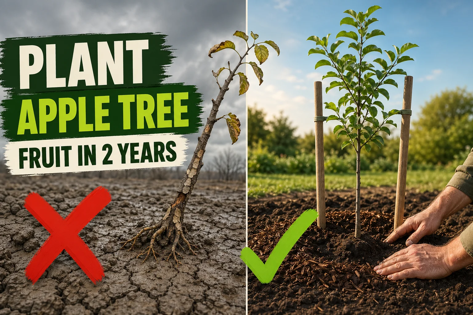 Split-screen comparison showing a struggling unstaked apple tree planted too deep in clay on the left versus a healthy staked young apple tree mulched in