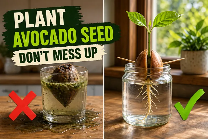 Split-screen showing a rotting avocado pit in cloudy water versus a sprouting avocado seed with white roots and a green stem in a clean jar.