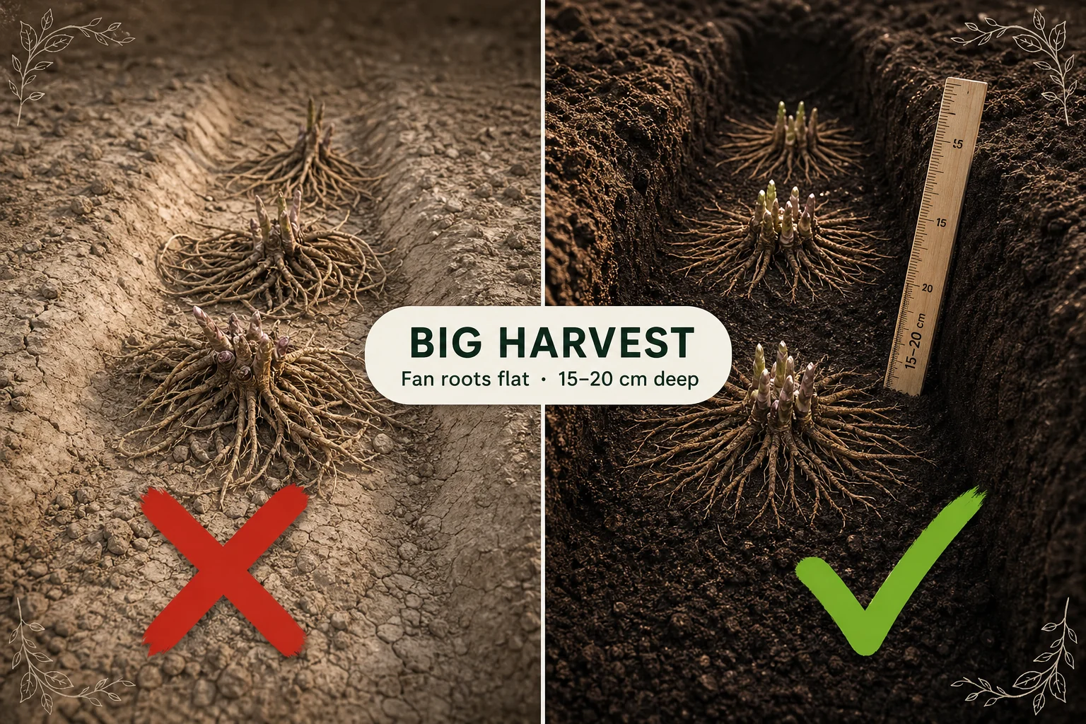 Split-screen of asparagus crowns dumped in a shallow dry trench on the left versus crowns fanned out in a deep prepared trench with rich soil on the right.