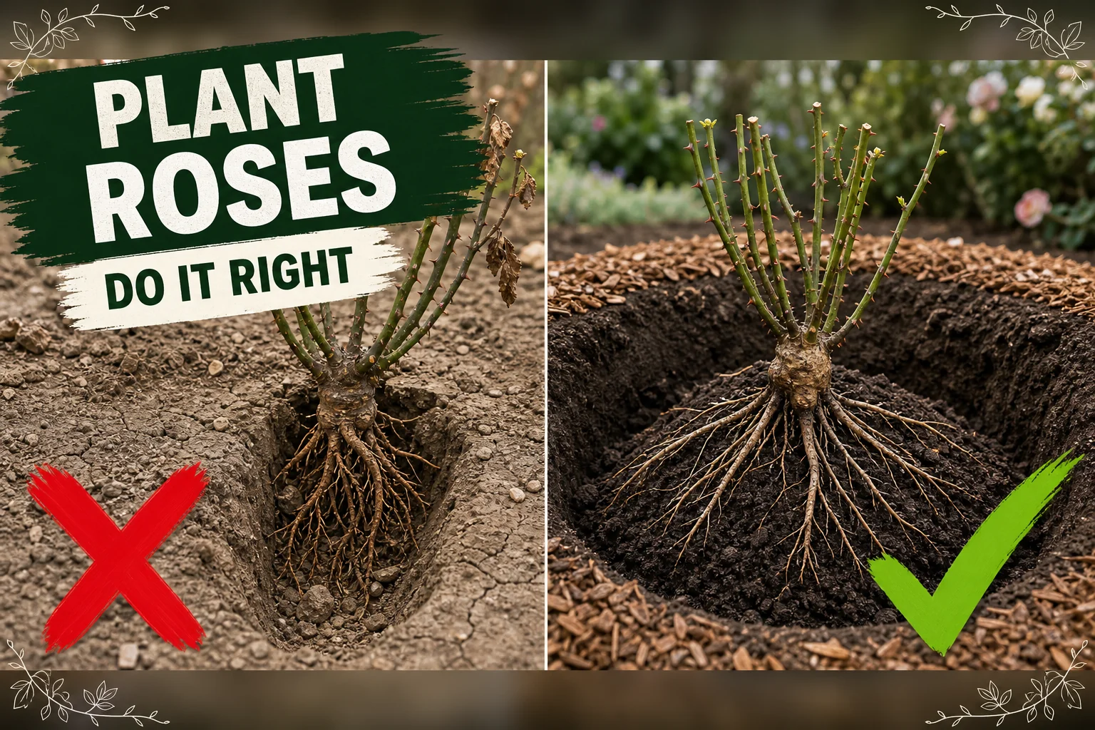 Split-screen showing a bare root rose with the graft union exposed above soil versus one set correctly with roots fanned over a soil cone in a wide hole.