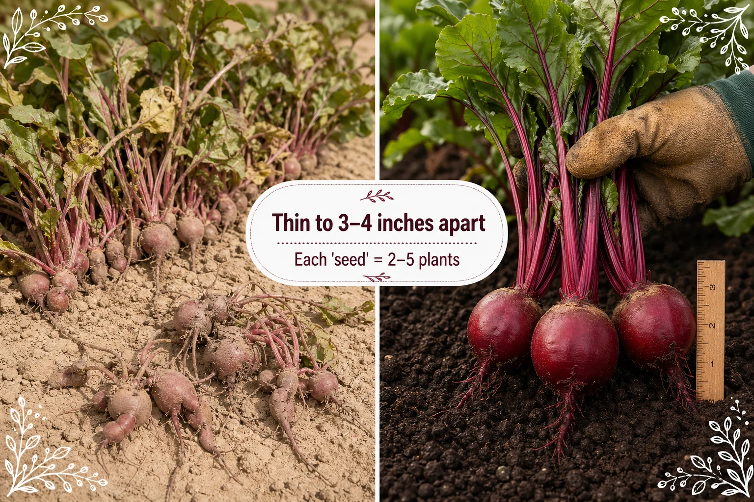 Split-screen: a crowded beet row with stunted golf-ball roots on the left versus a thinned row of large smooth dark-red beet globes on the right, both pulled