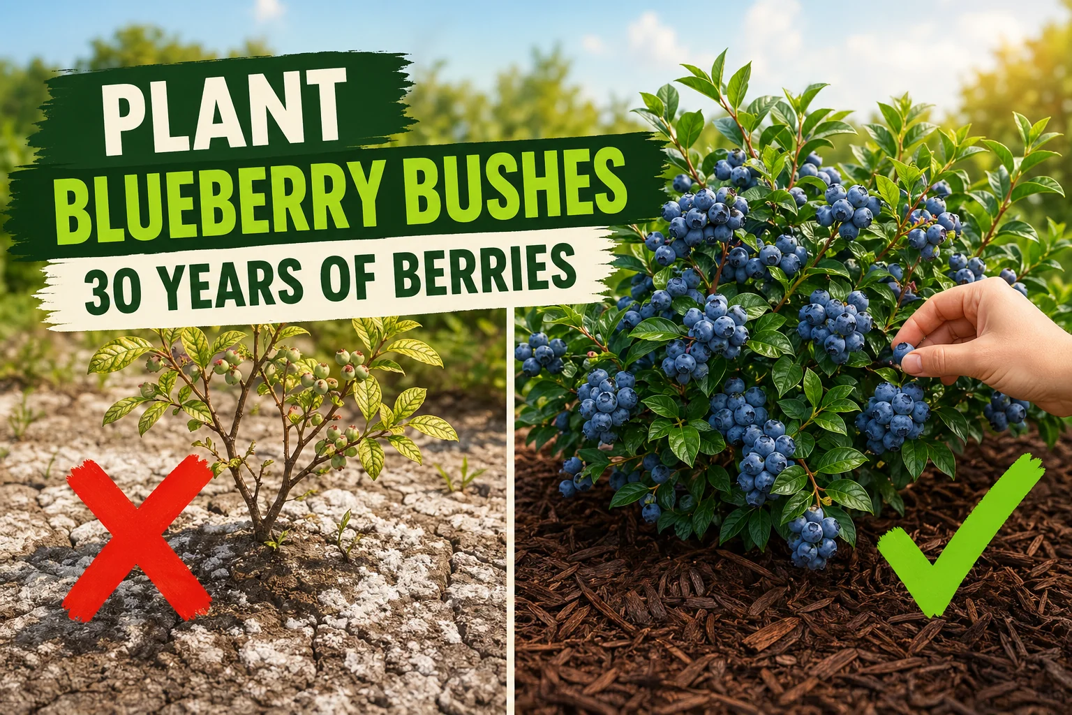 Split-screen comparison showing a chlorotic struggling blueberry bush in alkaline soil on the left versus a thriving mature blueberry bush loaded with.