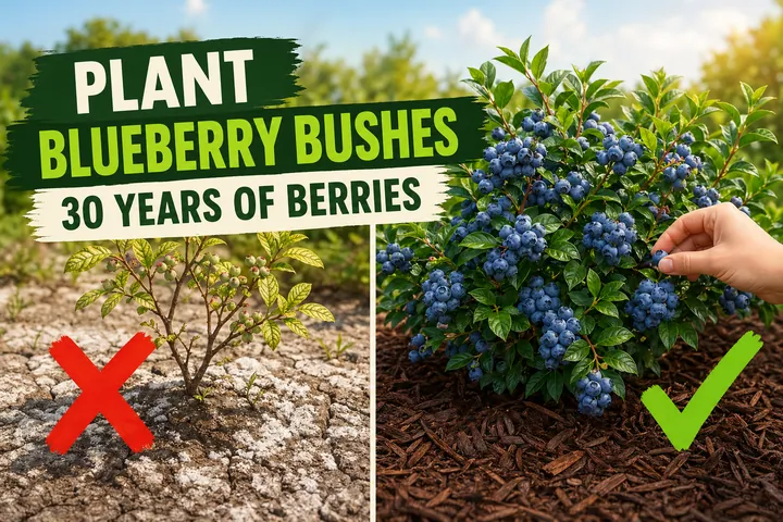 Split-screen comparison showing a chlorotic struggling blueberry bush in alkaline soil on the left versus a thriving mature blueberry bush loaded with.