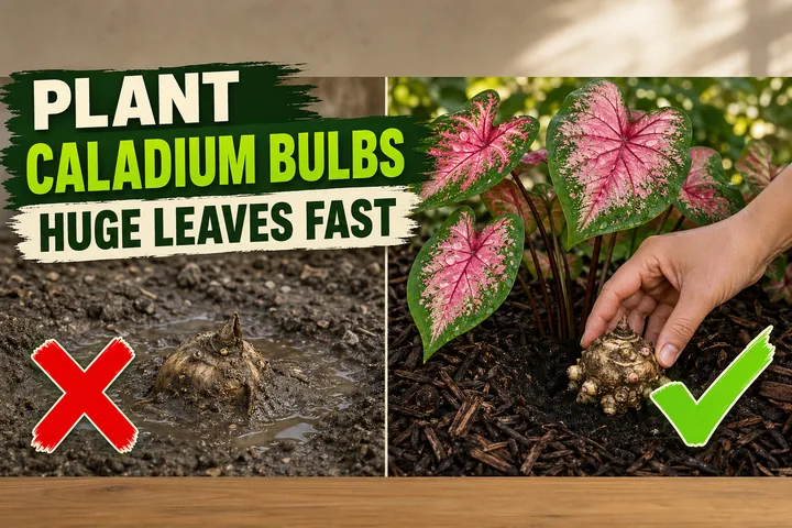 Split-screen showing a Caladium tuber upside-down in cold soggy soil versus a thriving Caladium with massive pink-and-green heart-shaped leaves.