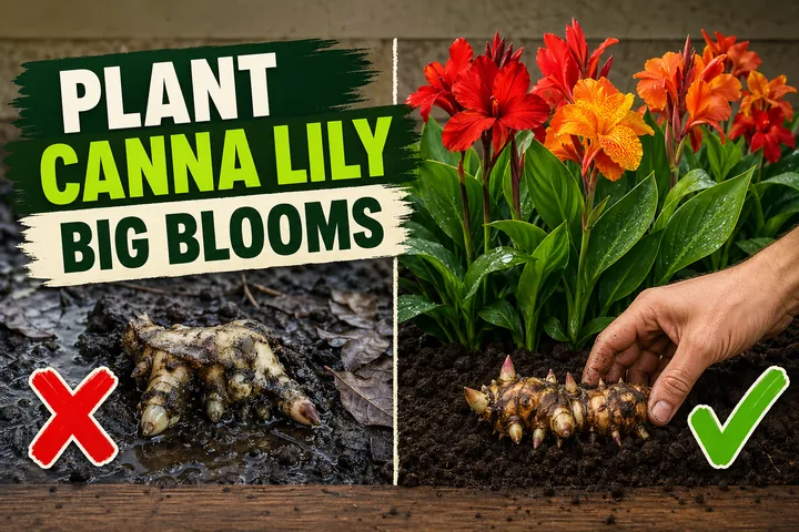 Split-screen showing a rotted canna rhizome buried upside down in cold soggy soil versus a vivid clump of red and orange canna lilies blooming in full sun.