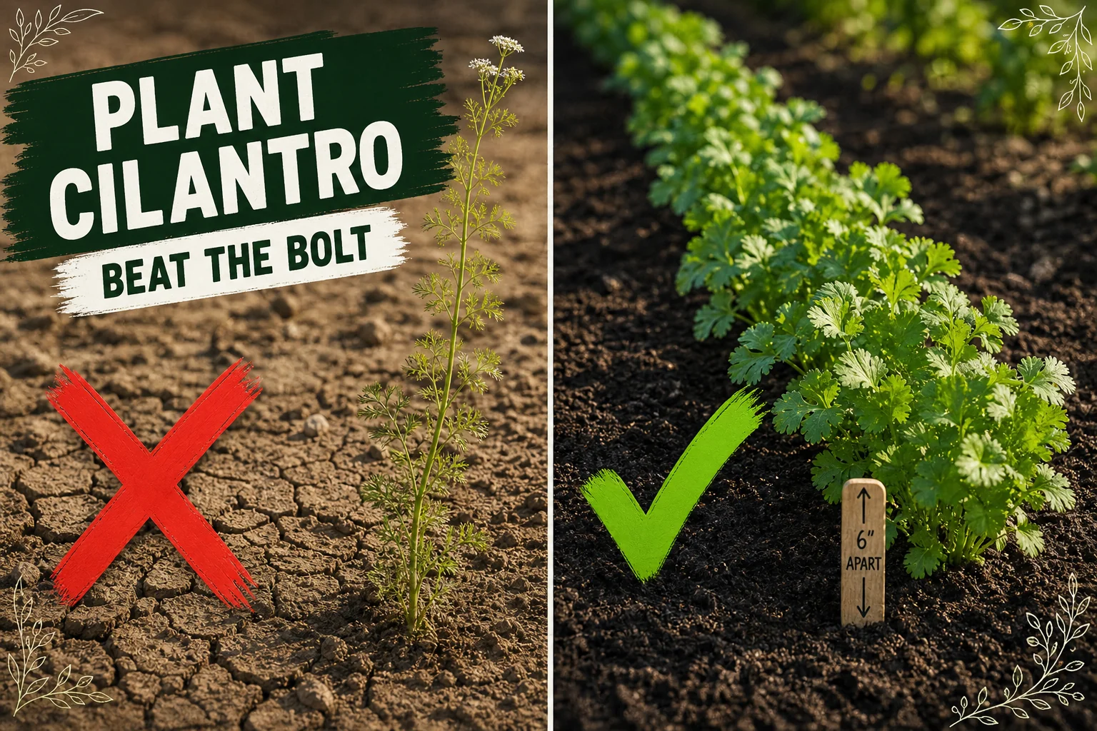 Split-screen showing a single bolted cilantro plant gone to seed in summer heat versus a thick row of fresh leafy cilantro seedlings in cool soil.