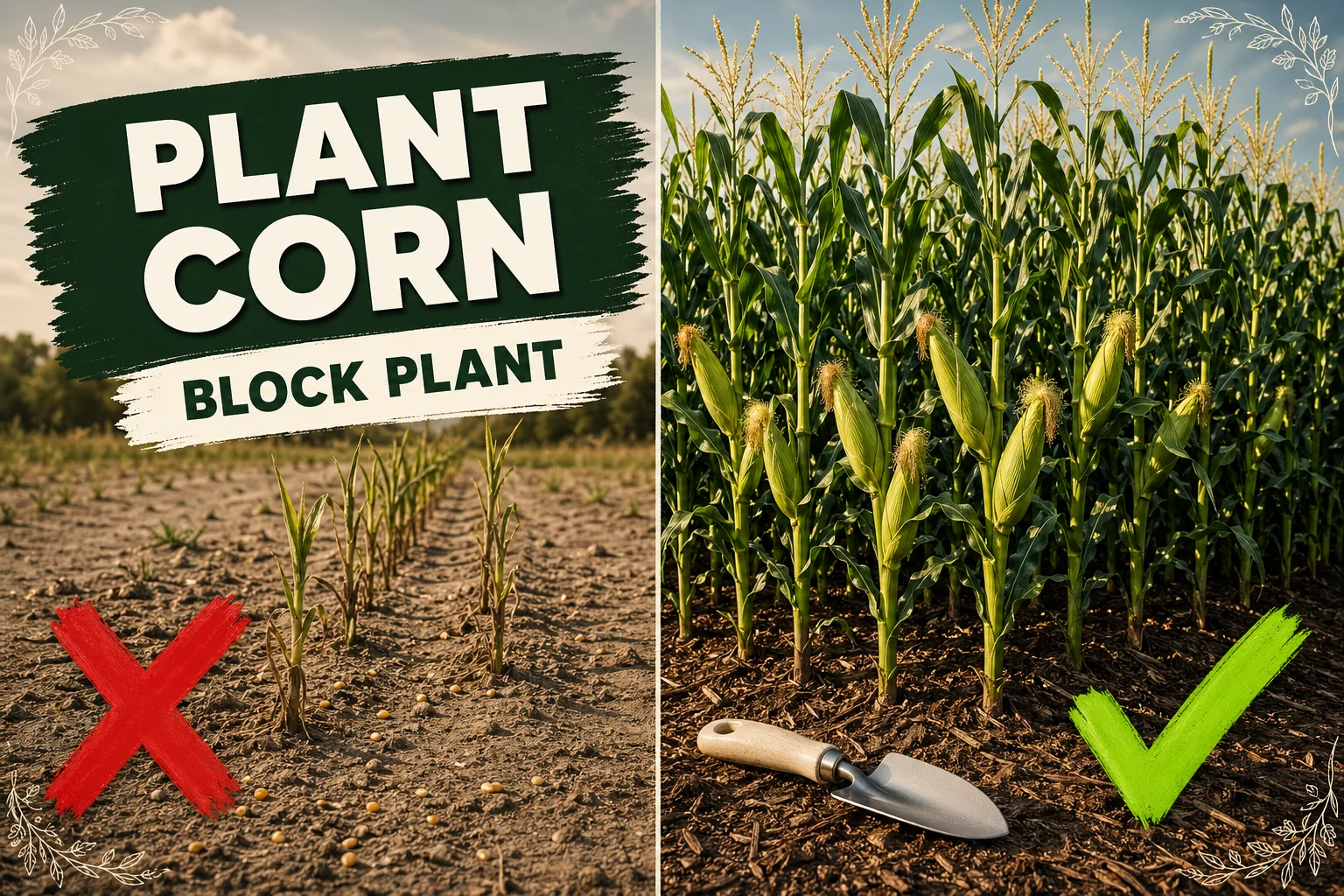 Split-screen: sparse single row of weak pale corn stalks versus tall vigorous corn growing in a dense block with tassels and developing ears.
