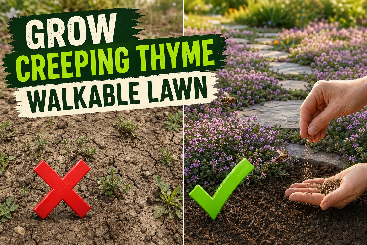 Split-screen showing patchy bare soil with struggling seedlings on the left and a lush carpet of creeping thyme flowers between flagstones on the right.