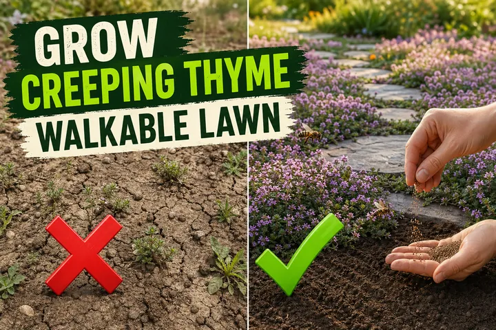Split-screen showing patchy bare soil with struggling seedlings on the left and a lush carpet of creeping thyme flowers between flagstones on the right.