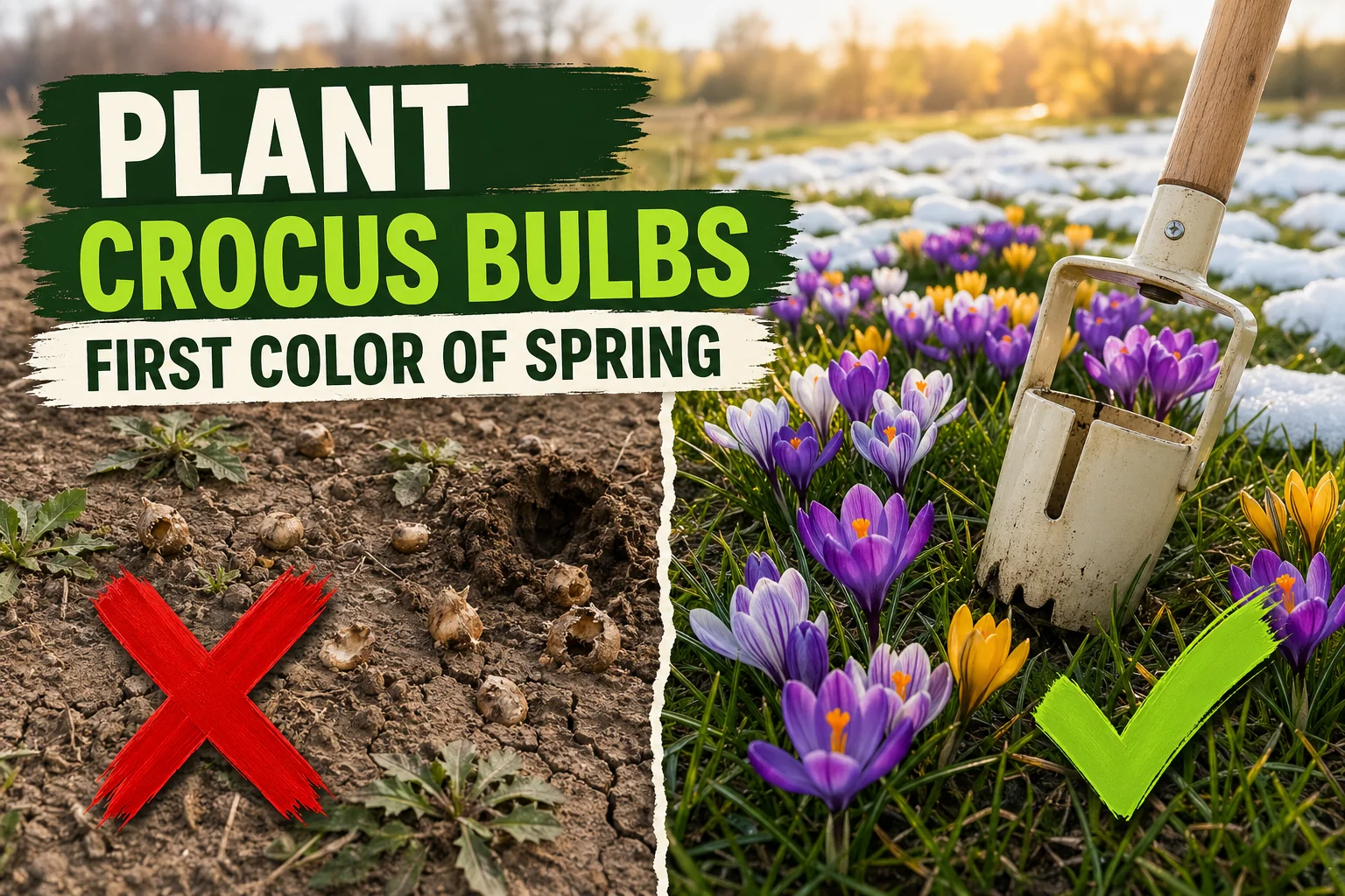 Split-screen showing a crocus corm placed upside-down at the wrong shallow depth versus a thriving purple, yellow, and white crocus drift naturalized in lawn.