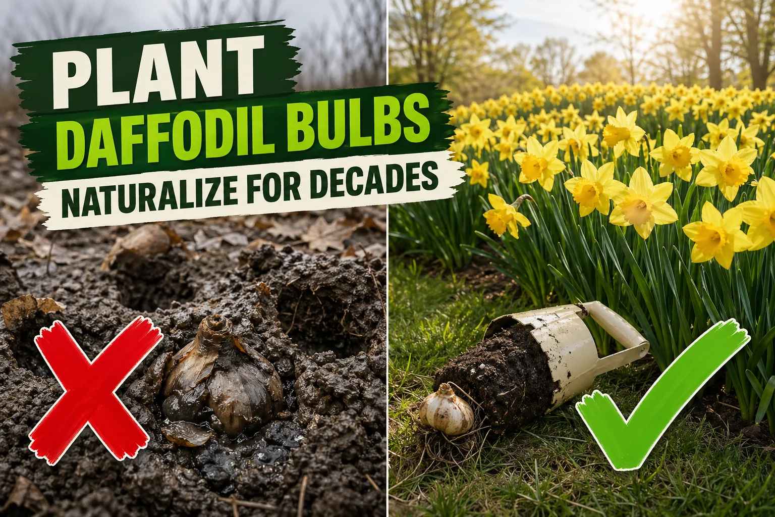 Split-screen: a rotting daffodil bulb in cold clay on the left versus a sweeping drift of golden-yellow daffodils blooming on a sunny lawn edge on the right.