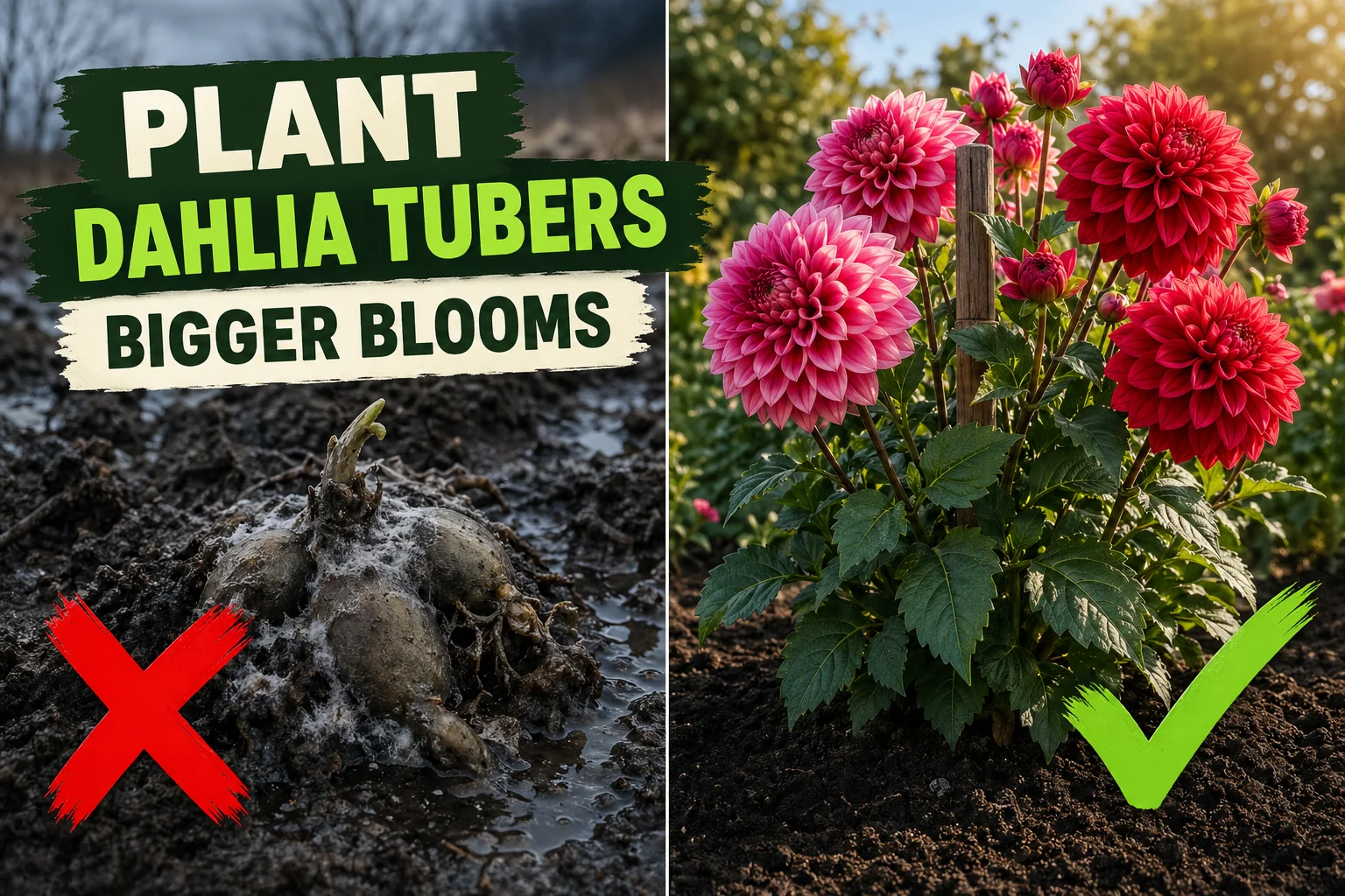 Split-screen of a rotted dahlia tuber buried upside-down in wet soil versus a thriving dahlia plant covered in pink and red blooms in full sun.
