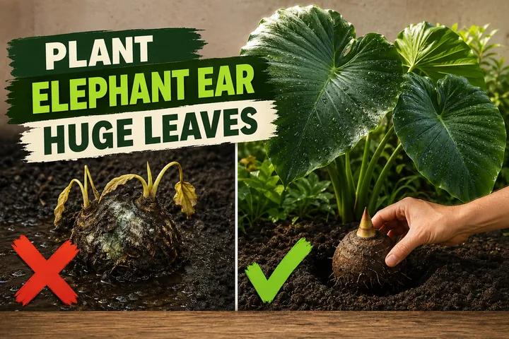 Split-screen showing a rotting elephant ear bulb planted upside down on the left and a thriving Colocasia with huge glossy heart-shaped leaves on the right.