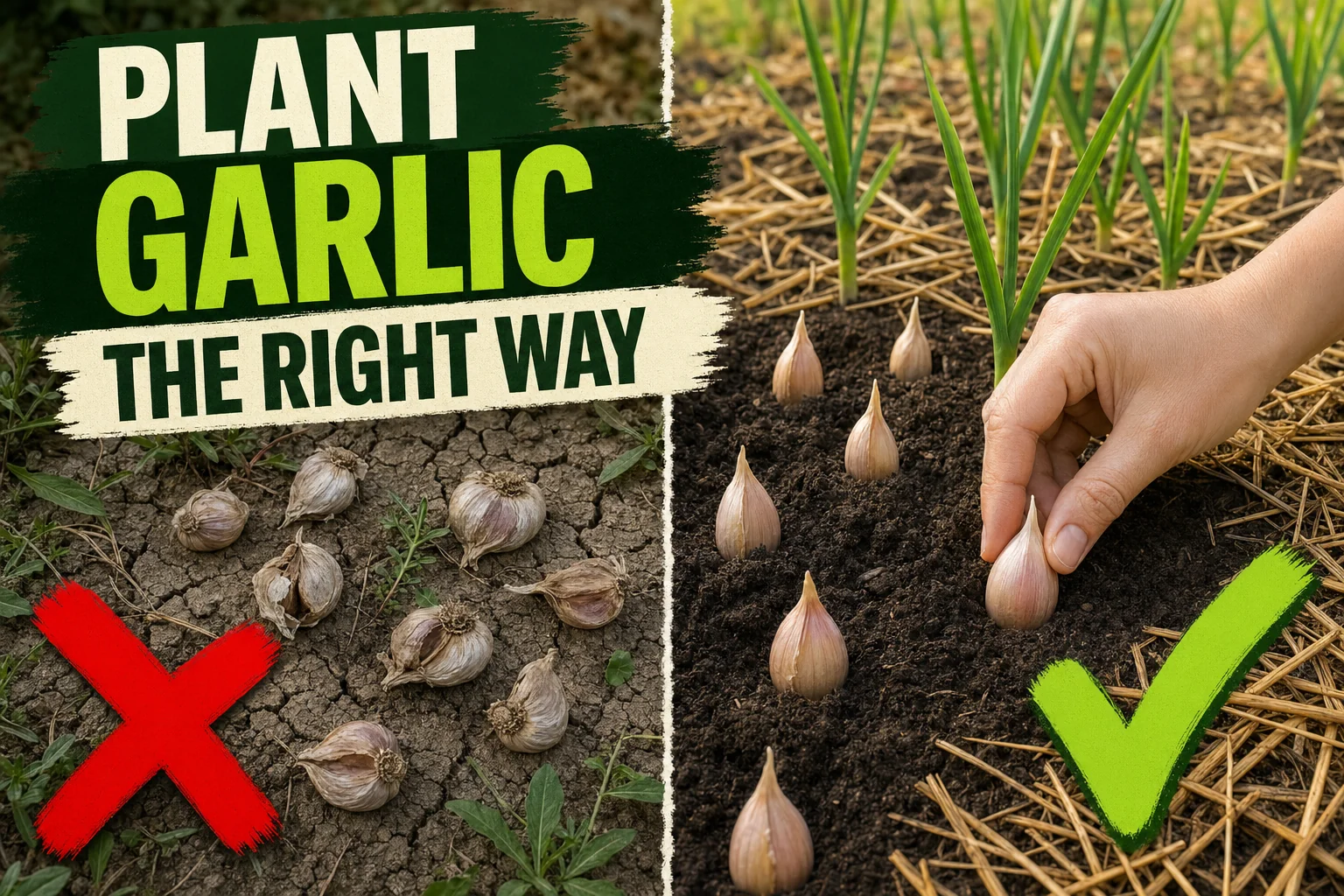 Split-screen showing garlic cloves planted upside-down in cracked dry soil on the left versus cloves planted point-up at correct depth on the right.