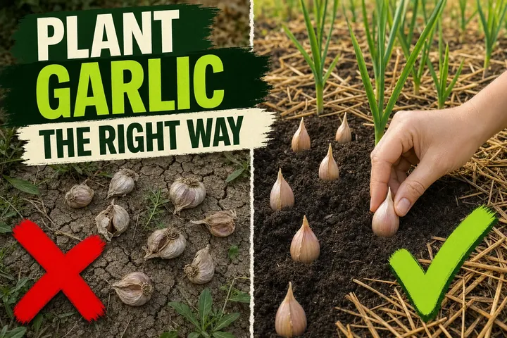 Split-screen showing garlic cloves planted upside-down in cracked dry soil on the left versus cloves planted point-up at correct depth on the right.