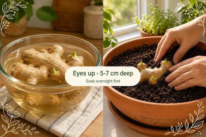 Hands pressing a plump ginger rhizome eyes-up into rich loose potting mix inside a wide terracotta pot on a bright warm windowsill.