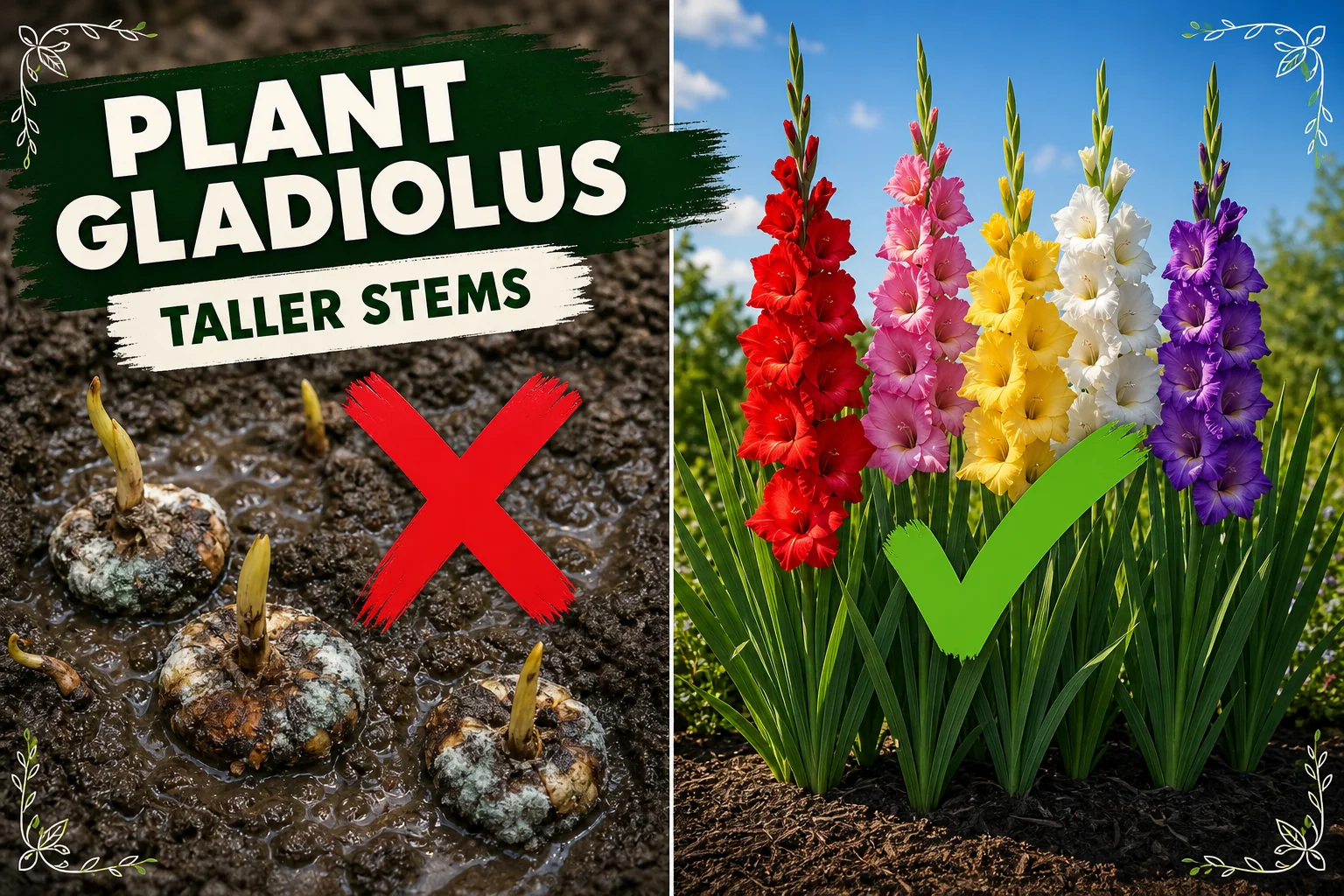 Split-screen showing rotting gladiolus corms planted upside down in cold soil versus tall gladiolus spikes in red, pink, and yellow blooming in full sun.