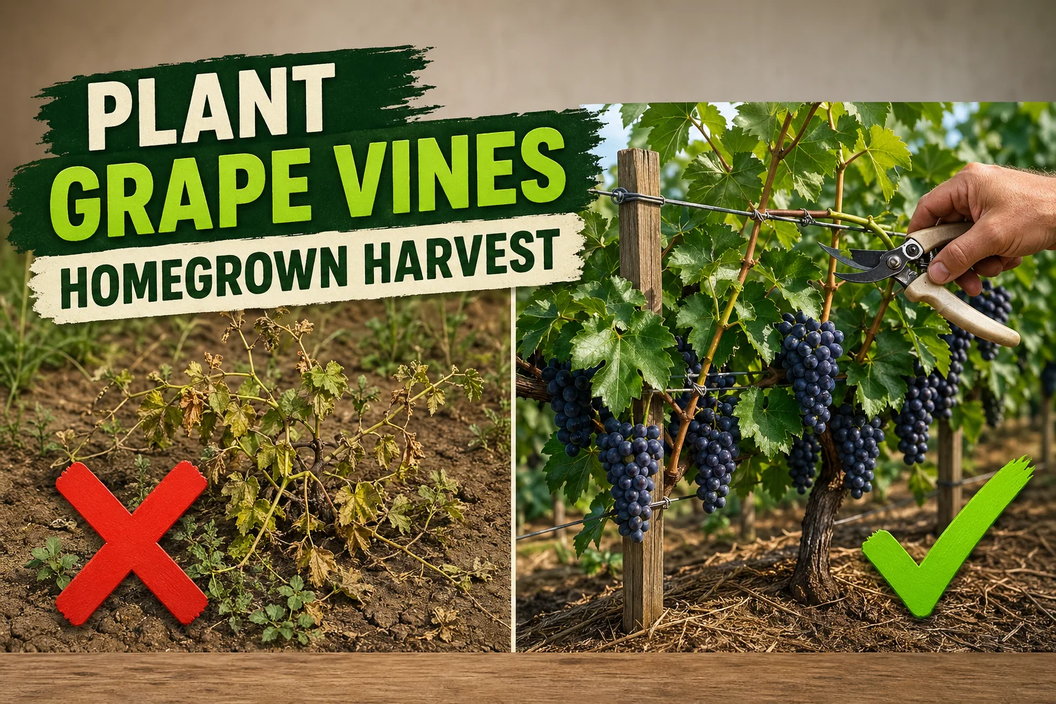 Split-screen showing a struggling unsupported young grape vine on the left versus a mature trellised vine heavy with purple grape clusters on the right.