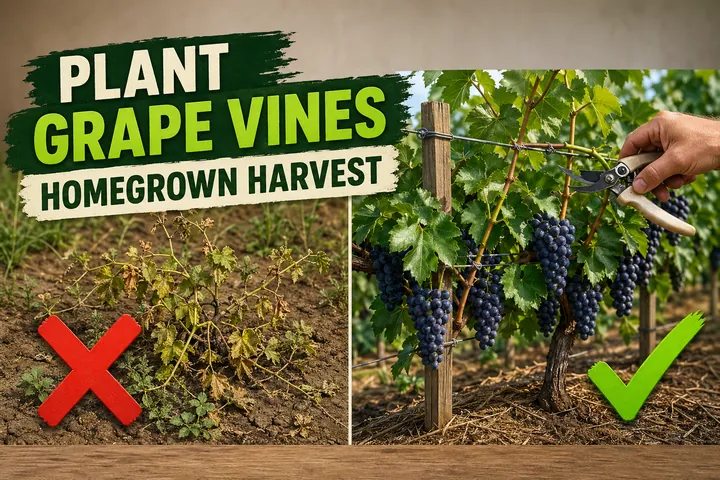 Split-screen showing a struggling unsupported young grape vine on the left versus a mature trellised vine heavy with purple grape clusters on the right.