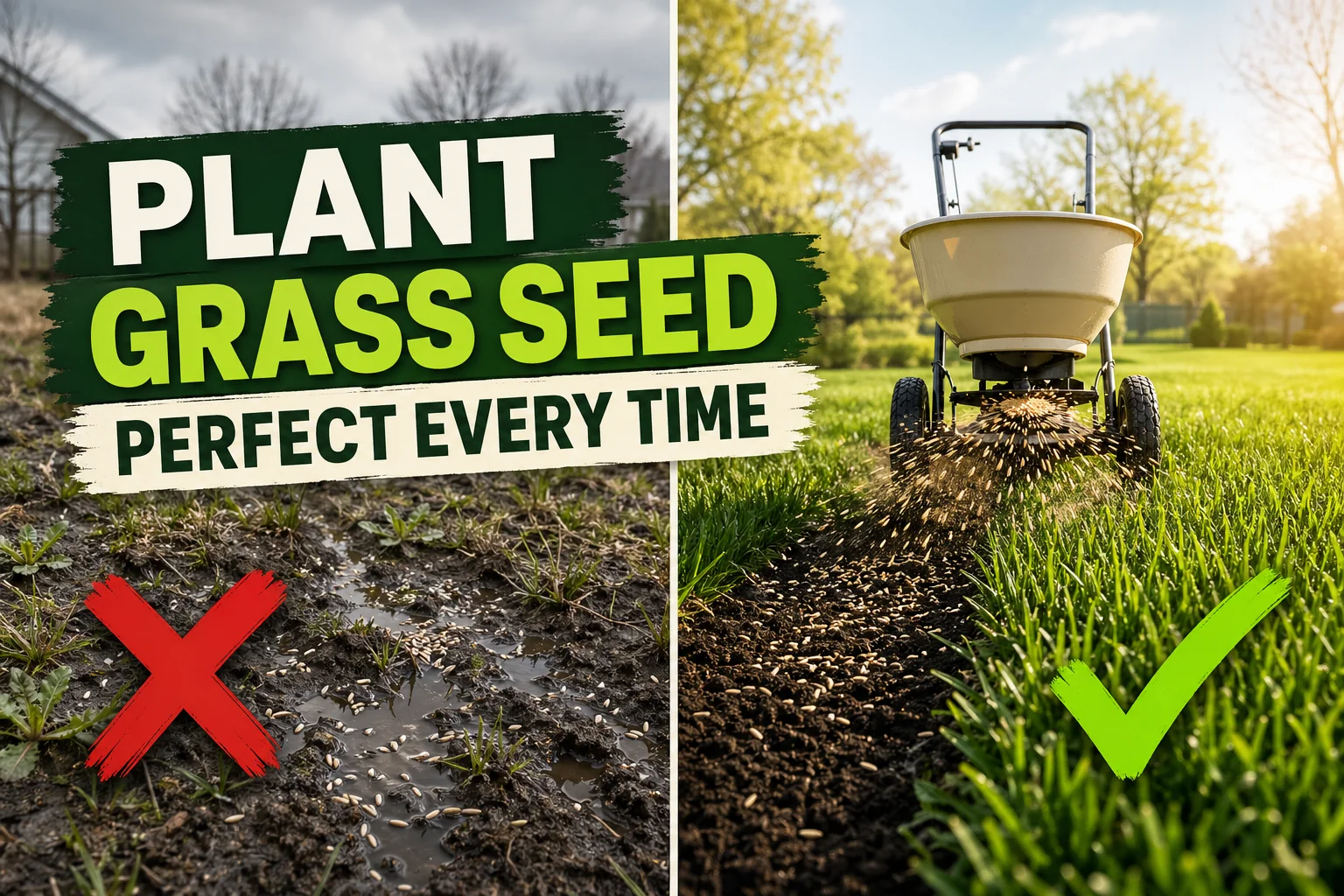 Split-screen comparison showing weedy bare spring soil with washed-away grass seed on the left versus a thick uniform new spring lawn on the right.