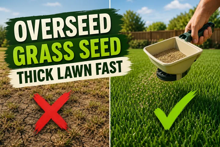 Split-screen comparison showing a bare patchy thinning lawn on the left versus a thick lush emerald-green lawn after overseeding on the right.