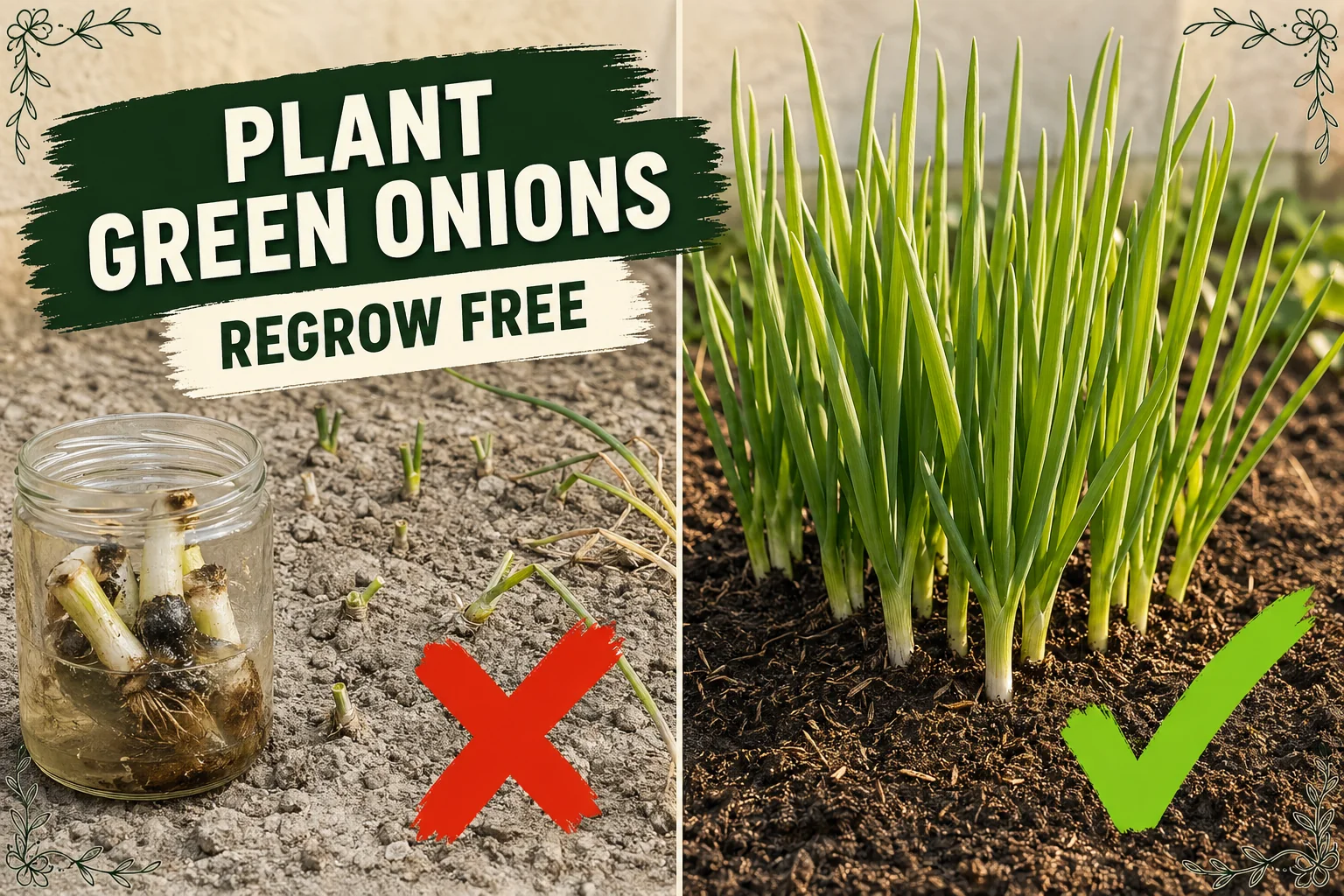 Split-screen of pale stunted scallions in compacted soil versus a vibrant bunch of tall green onions in rich moist soil.