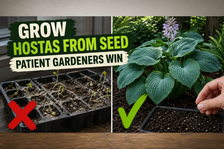 Split-screen showing failed hosta seedlings on the left versus a lush mature blue-green hosta with lavender flowers in a shaded mulched bed on the right.