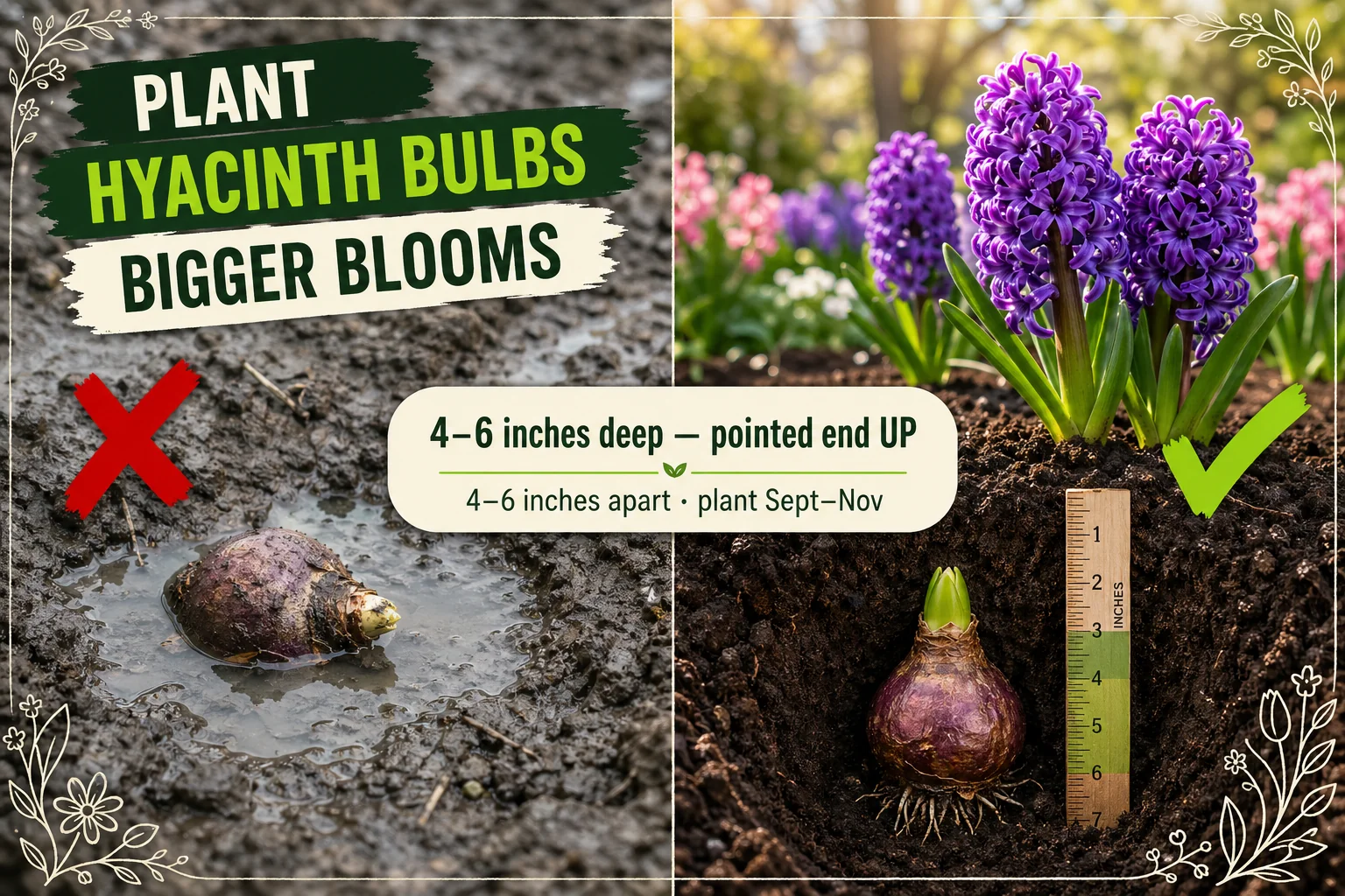 Split-screen showing a rotting hyacinth bulb planted too shallow in soggy soil on the left versus a row of vivid purple, pink, and white hyacinths blooming in