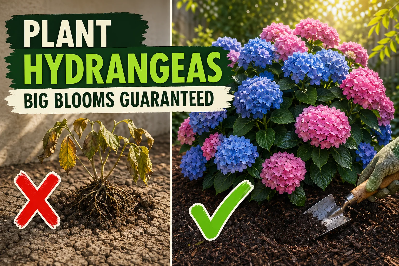 Split-screen: a wilted newly-planted hydrangea with exposed roots in dry cracked soil on the left versus a thriving hydrangea bush covered in blue and pink