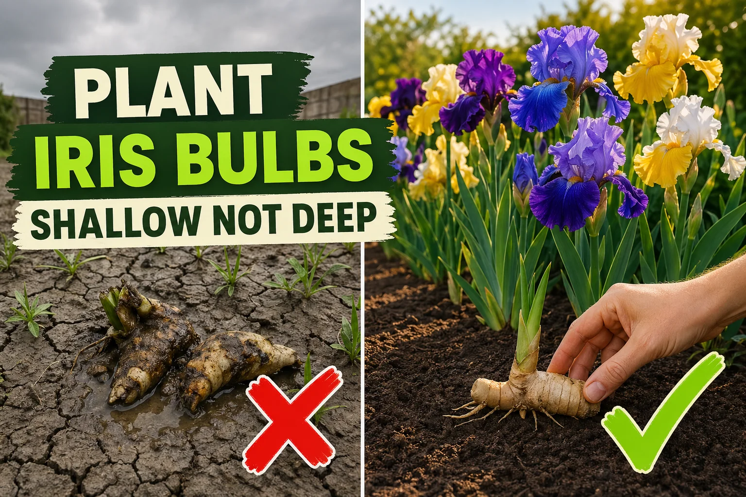 Split-screen of a buried rotting bearded iris rhizome on soggy soil on the left versus healthy purple bearded iris blooming on the right.