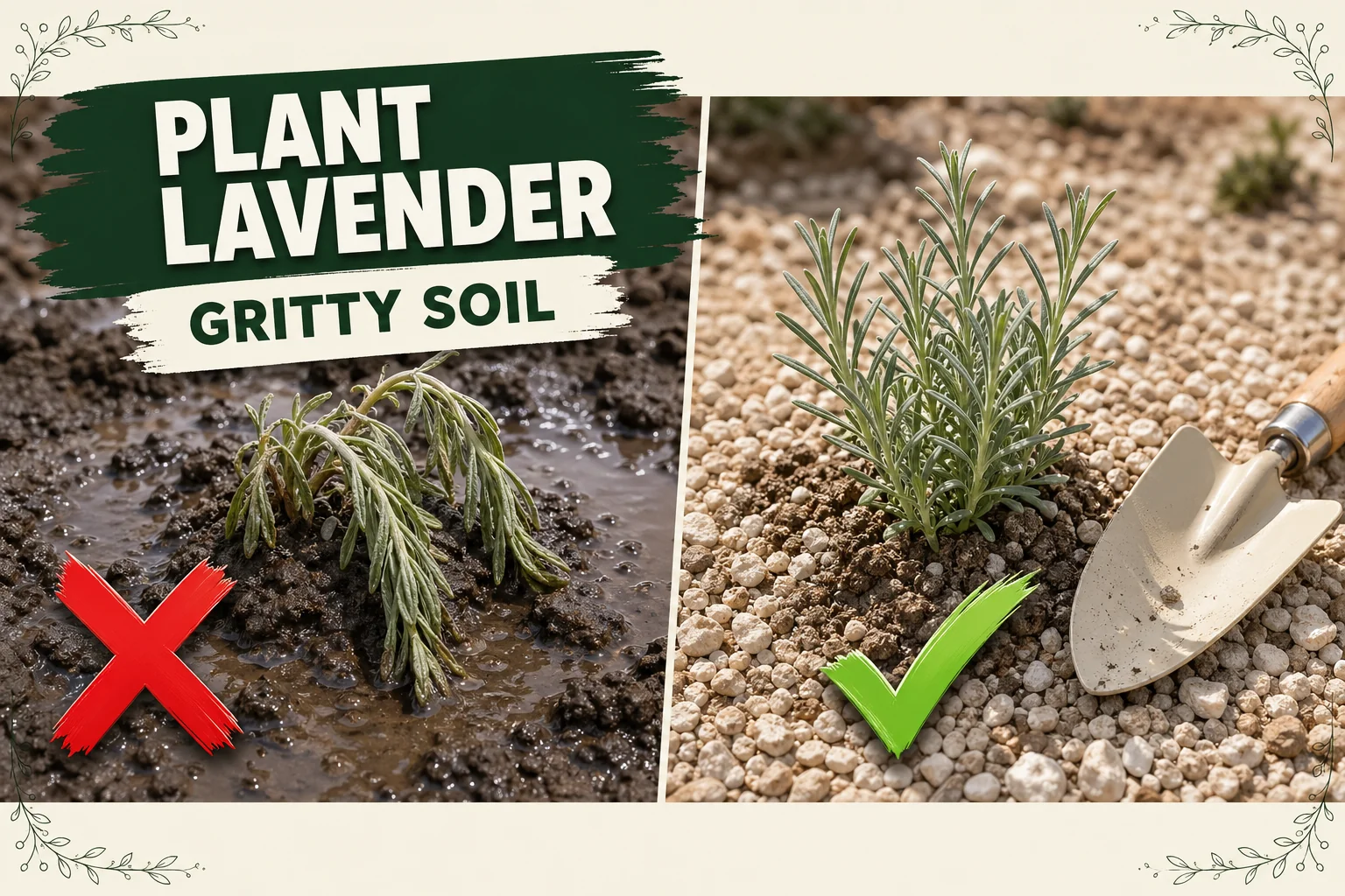Split-screen: lavender seedling wilting in soggy clay soil versus a healthy upright lavender settled in pale gritty well-drained soil.