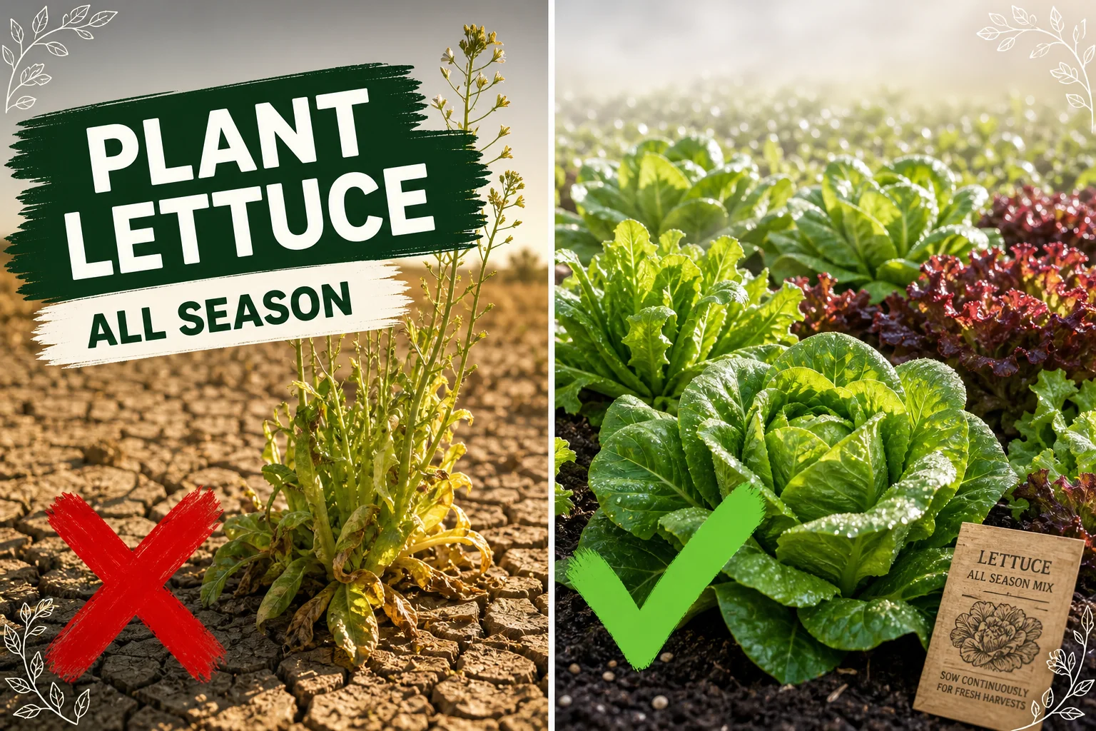 Split-screen of bolted bitter lettuce gone to seed in hot dry soil versus crisp green lettuce heads thriving in cool moist soil with proper spacing.