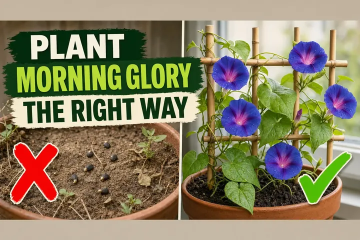 Split-screen comparison of failed morning glory seeds on dry hard soil on the left and a thriving vine with purple trumpet flowers on the right.