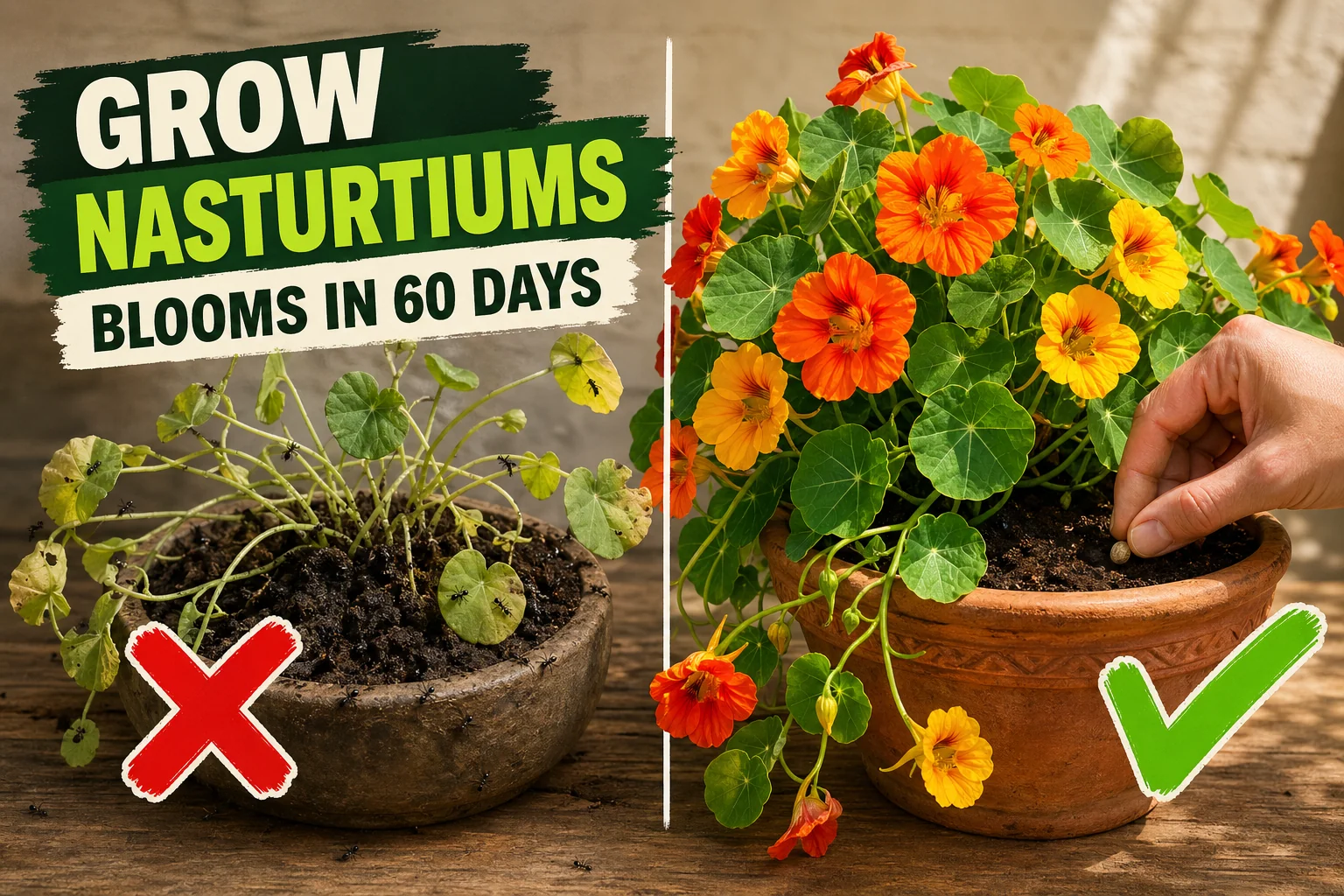 Split-screen comparison of a leggy flowerless nasturtium with ant infestation on the left versus a thriving trailing nasturtium with vivid orange and yellow