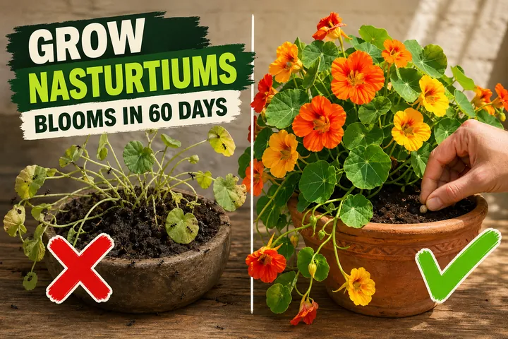 Split-screen comparison of a leggy flowerless nasturtium with ant infestation on the left versus a thriving trailing nasturtium with vivid orange and yellow