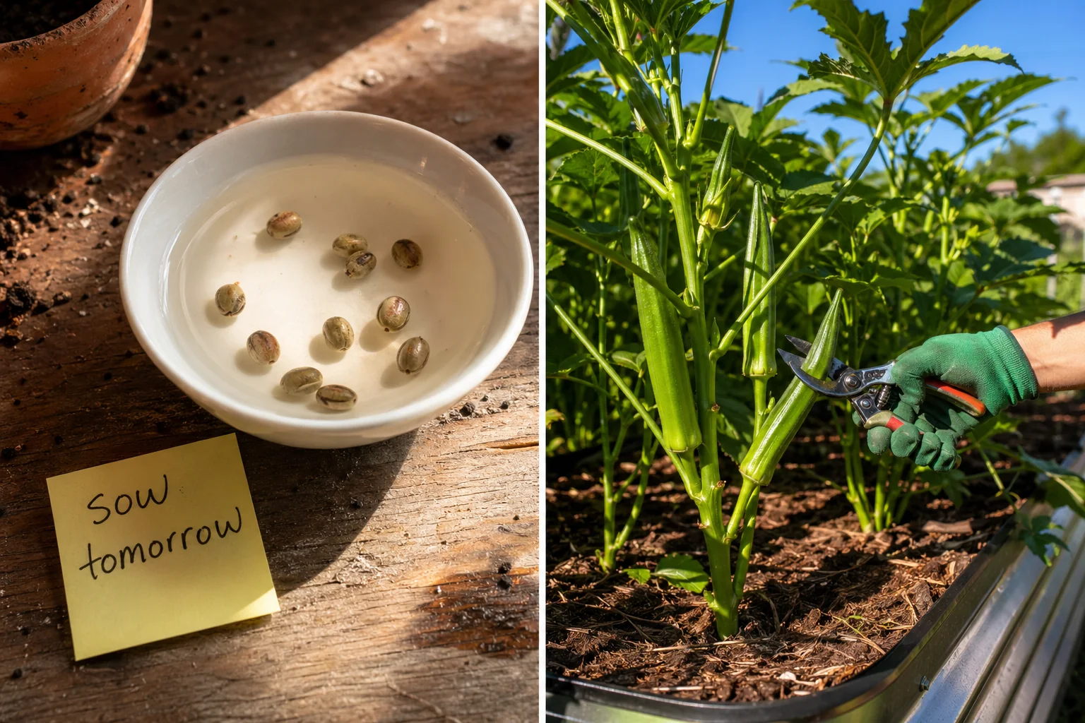 A raised bed of tall okra plants in full sun with young green pods ready to harvest at 3-4 inches alongside a hand holding freshly picked okra.
