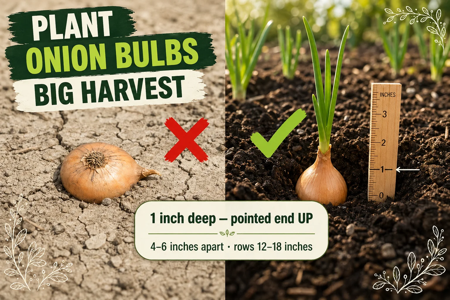 Side-by-side comparison showing onion sets planted incorrectly flat in hard soil versus sets planted pointed end up at 1 inch deep with green shoots emerging