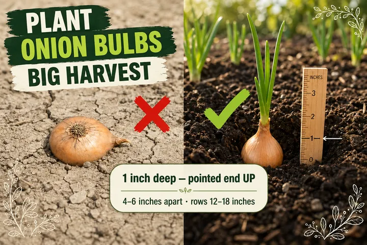 Side-by-side comparison showing onion sets planted incorrectly flat in hard soil versus sets planted pointed end up at 1 inch deep with green shoots emerging