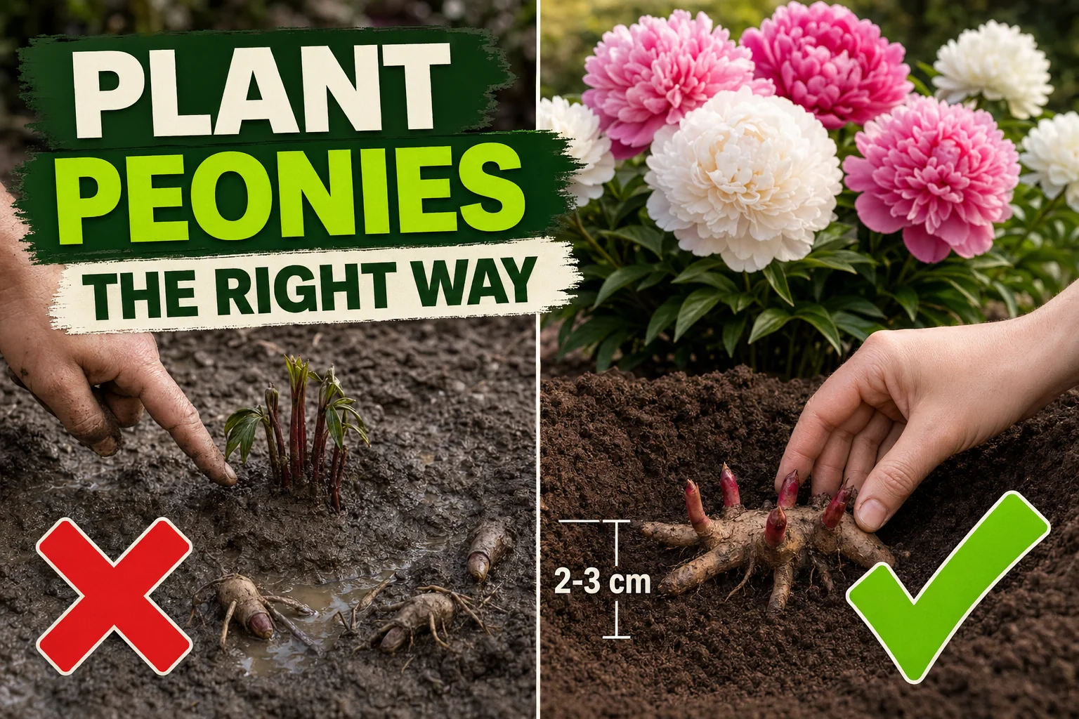 Split-screen: a peony tuber buried too deep with no blooms on the left versus a tuber at the correct 2–3 cm (1 in) depth with full blooms on the right.